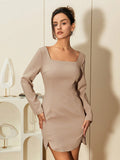 AEL Lady  simple dress sexy square collar temperament package hip skirt autumn and winter