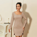 AEL Lady  simple dress sexy square collar temperament package hip skirt autumn and winter