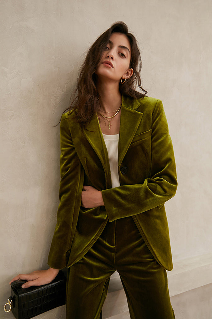 Velvet padded suit | Retro green suit | Commuter suit-Sets-AEL Studio