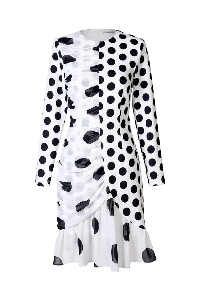 Irregular long sleeve polka dot chiffon dress-Dress-AEL Studio