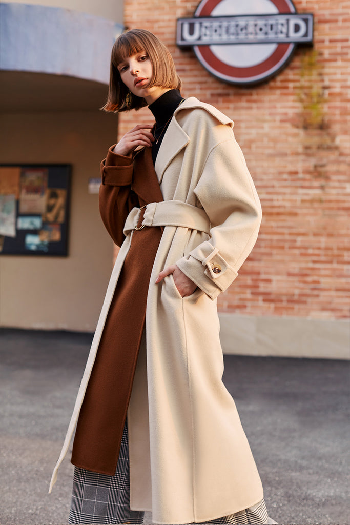 Retro stitching contrast color loose double-sided long wool coat-coat-AEL Studio