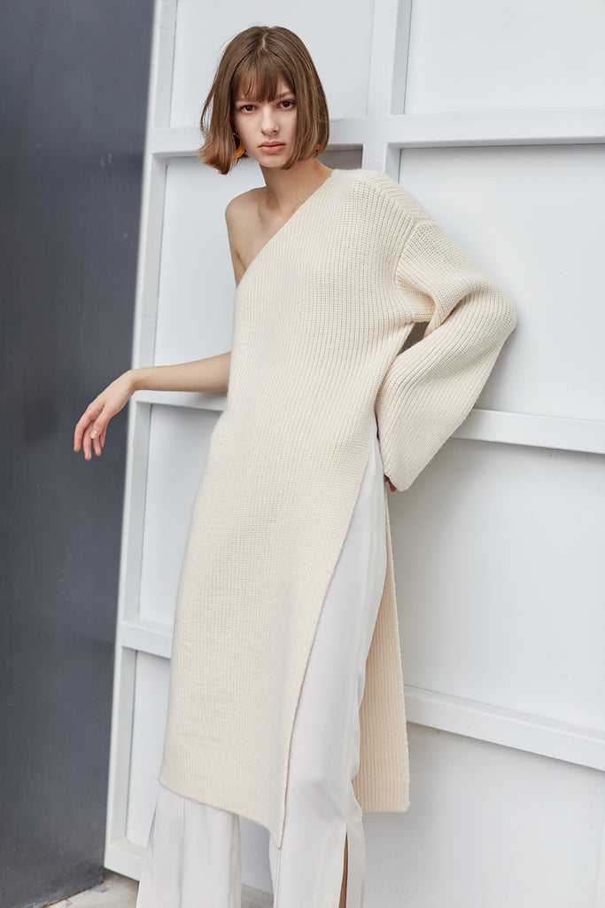 Off-the-shoulder long-sleeved wool knit sweater-Knitwear-AEL Studio