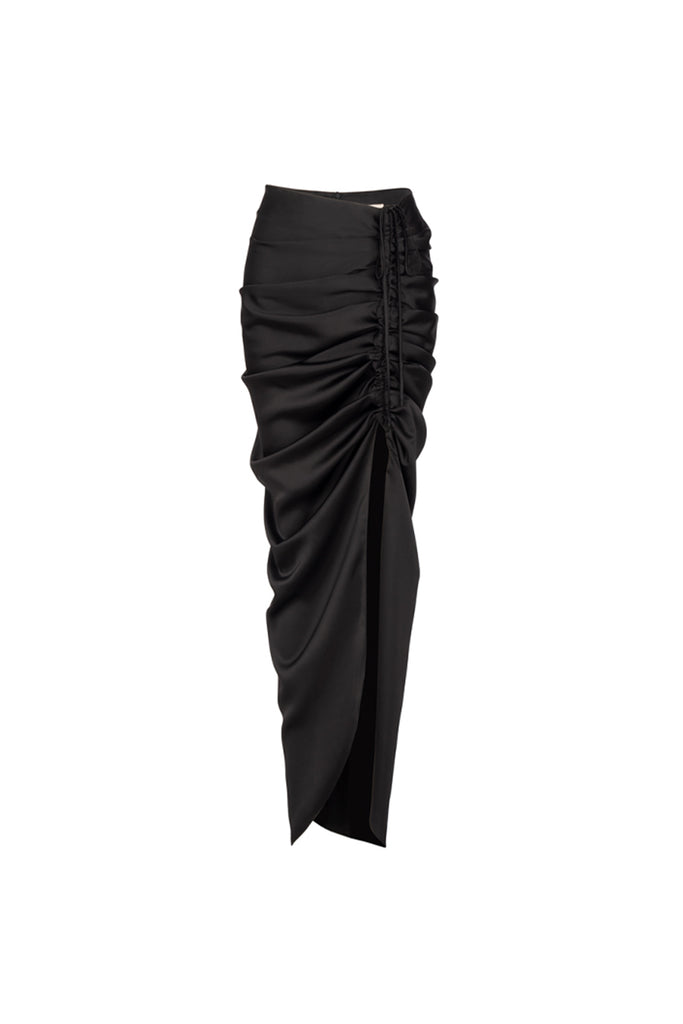 Gathered slit skirt | Black slit skirt | Street shot split skirt-Bottoms-AEL Studio