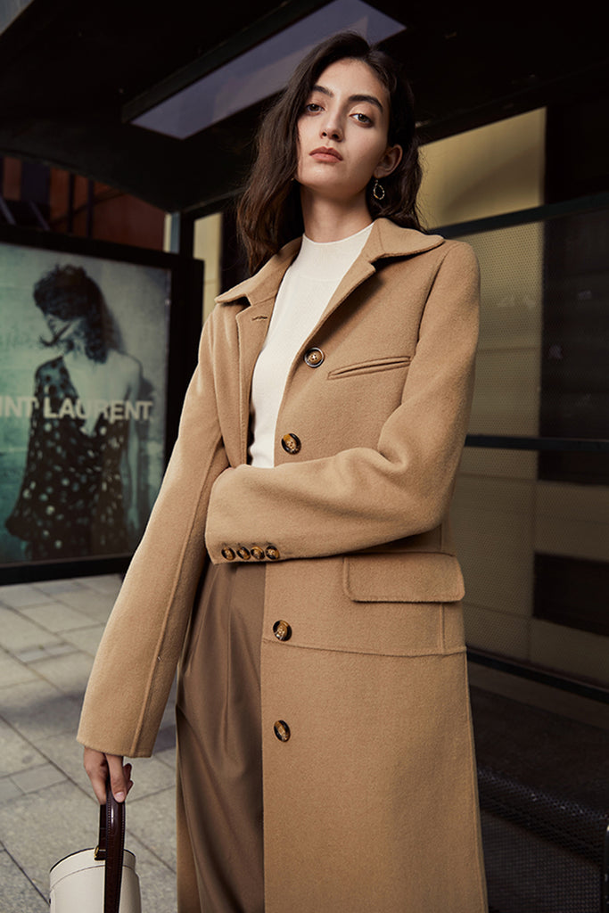 Double-sided woolen coat | Light khaki reversible coat | Banquet single-breasted coat-coat-AEL Studio
