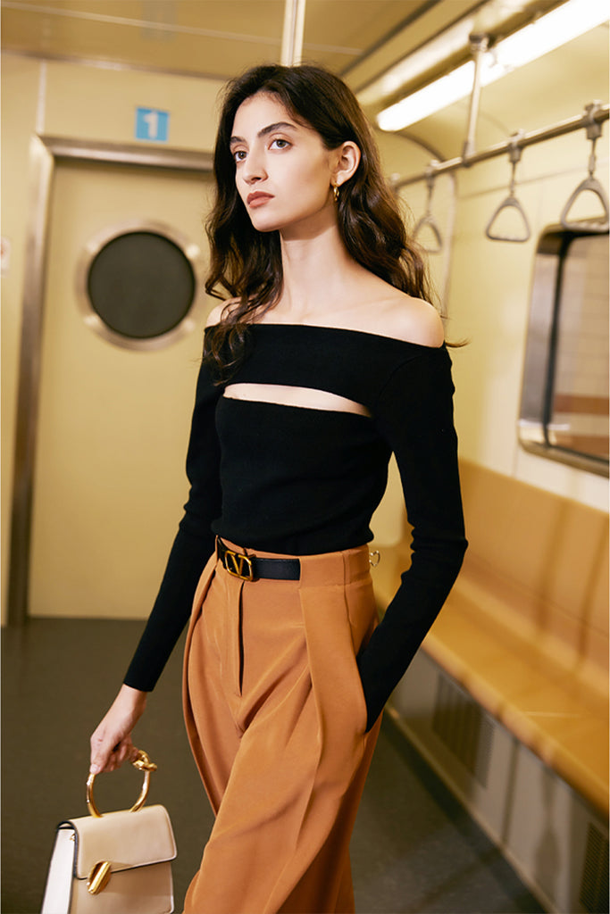 One-shoulder hollow top | Black knitted top | Street style ladies blouse-Tops-AEL Studio