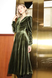 Vintage Wedding Guest Formal Evening Dress V Neck Long Sleeve Floor Length Velvet with Draping Slit 2022